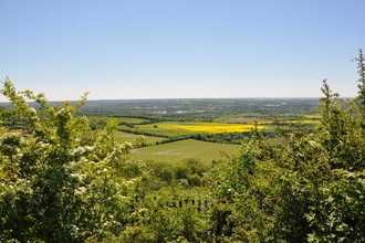 A view from the top of Blue Bell Hill, with rolling green and yellow fields.