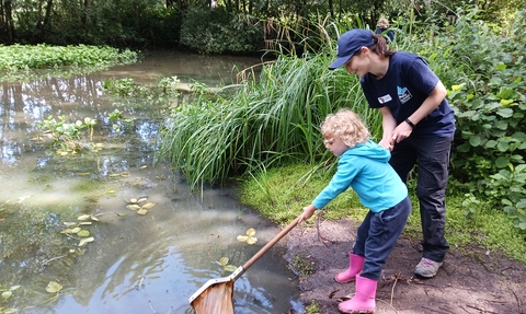 Tutor helps child to dip net into pond at Kent Wildlife Trust education centre