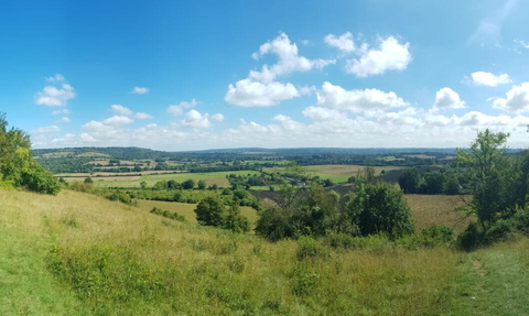 A panorama of Polhill Bank on a sunny day with blue skies.
