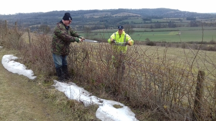 Hardy volunteers pruning a hedgerow in the snow
