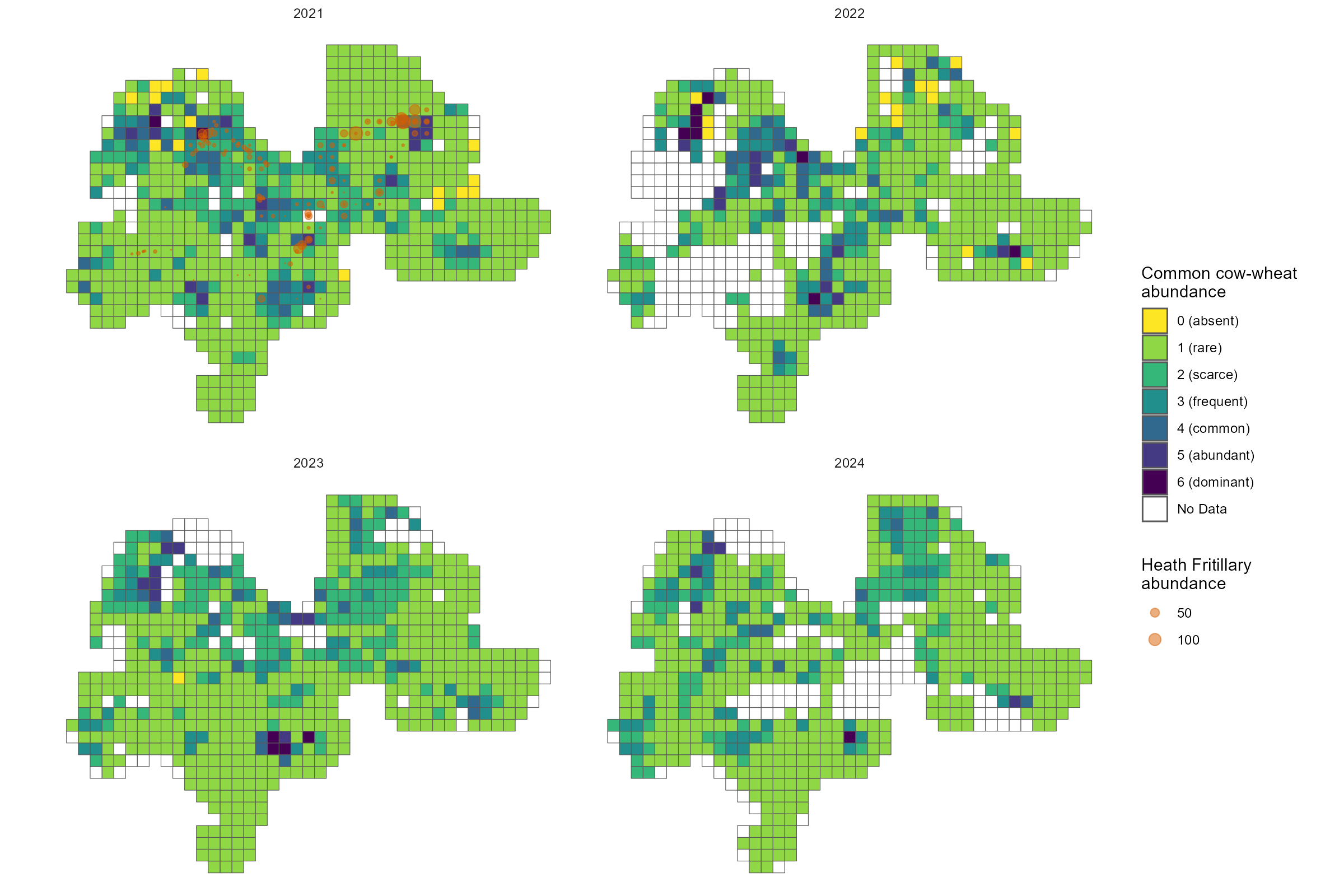 Figure 2. Maps showing the abundance of Common cow-wheat in each survey year. Heath Fritillary abundance was also measured in 2021.