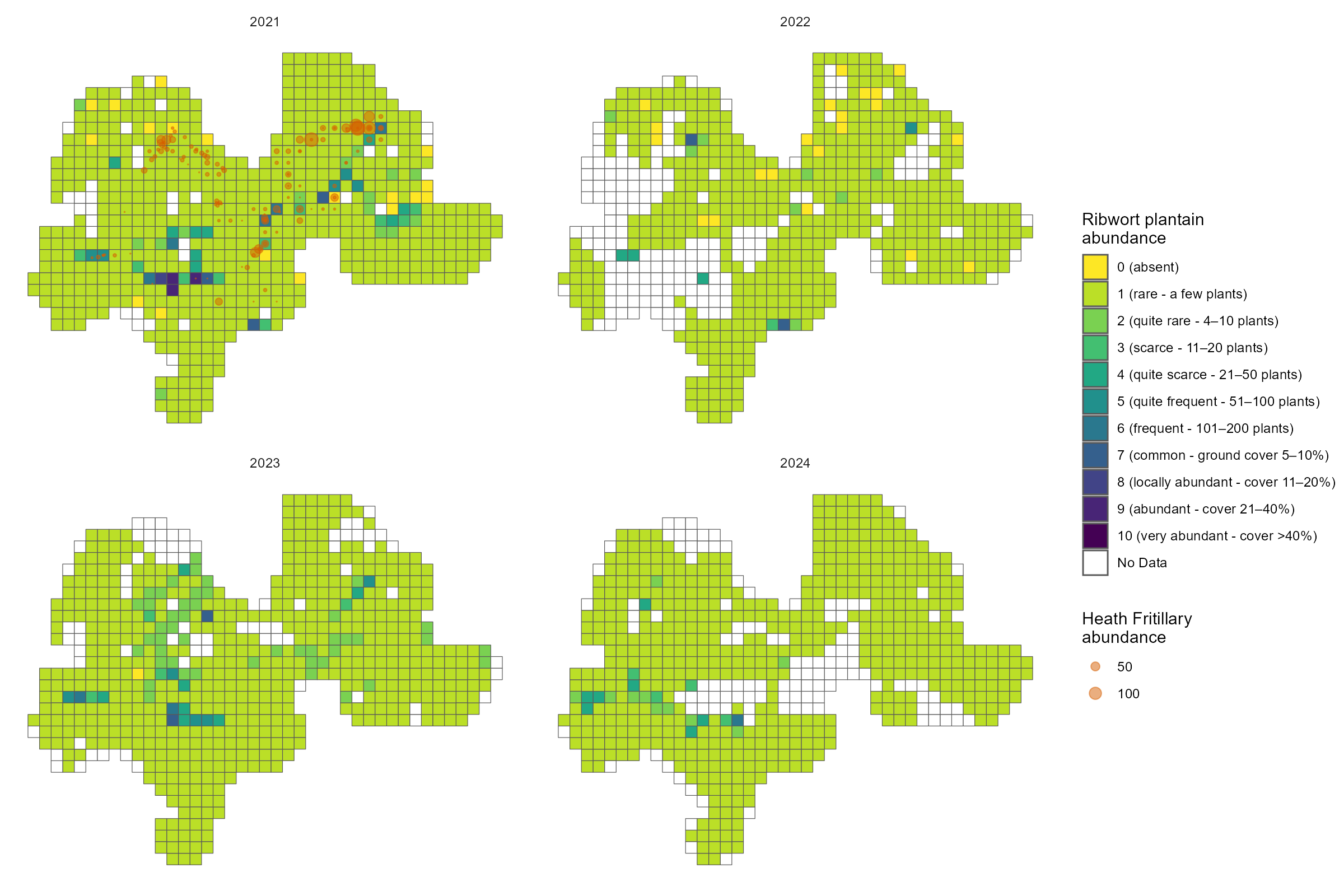 Figure 3. Maps showing the abundance of Ribwort plantain in each survey year. Heath Fritillary abundance was also measured in 2021.