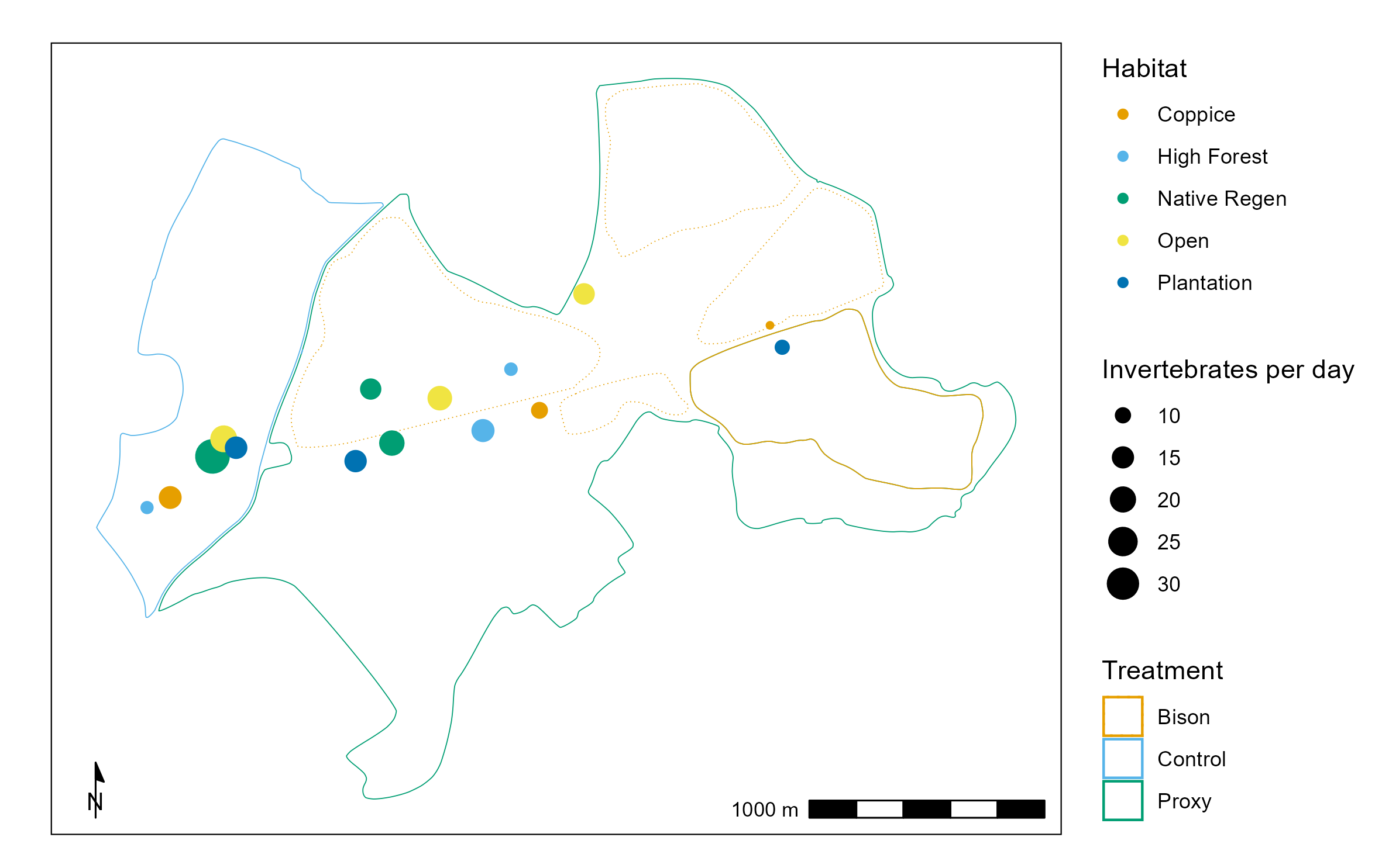 Figure 1. Map showing the locations of the SLAM traps in the treatment areas, coloured by habitat type, with size representing the number of invertebrates collected per day across the study period, 2021–2024. The dotted orange lines indicate the areas which will be subject to the bison treatment from 2025 onwards.