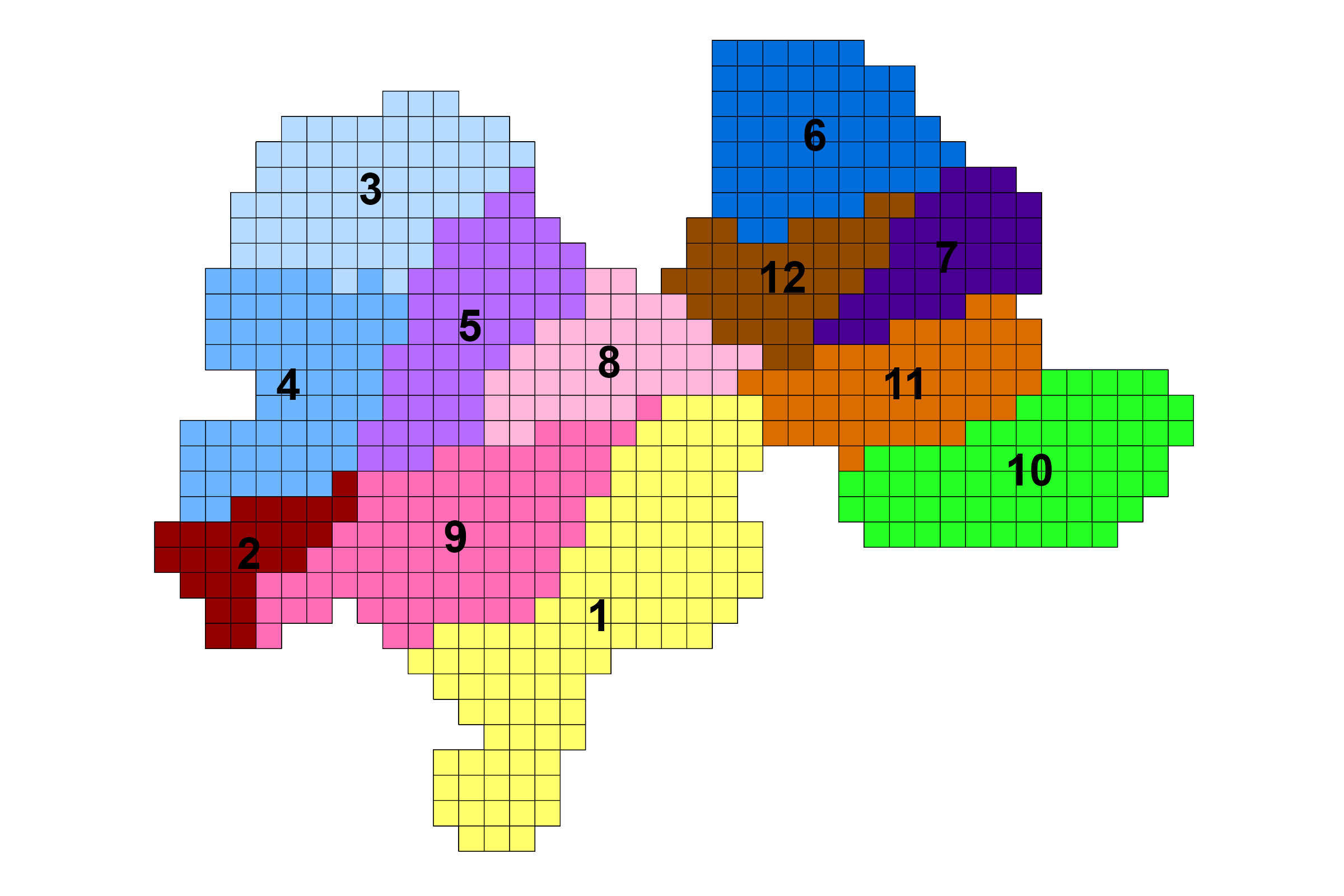 Figure 1. The 100 x 100 m plots are divided into twelve areas, each surveyed by a volunteer.