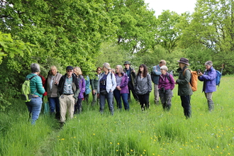 Lou Carpenter, Marden Farmer, leads a tour group of Wild About Garden volunteers through marden meadows