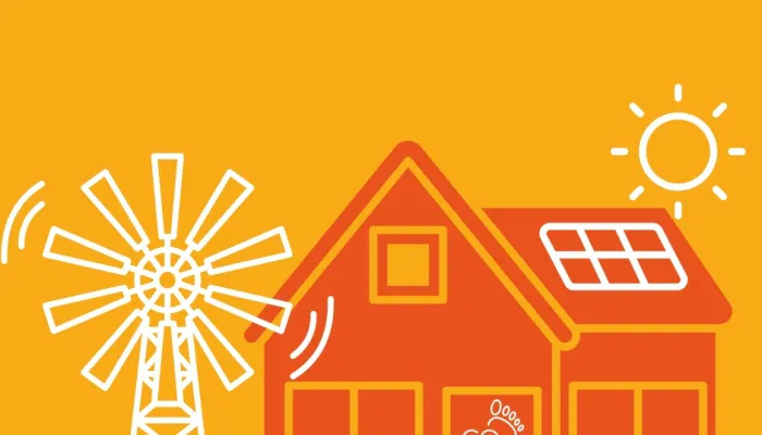 a windmill beside a house with a solar panel on it