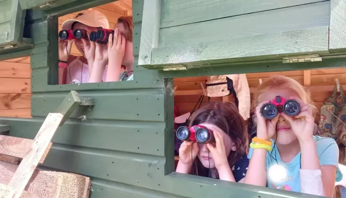 Four children look through the hatches in a bird hide, looking through binoculars.