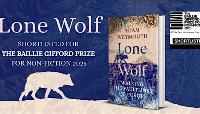 Promotional banner for the book 'Lone Wolf', including an image of the book cover.