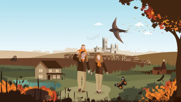 Illustration depciting a town with a church in the background, farmland and countryside in the foreground with a swallow, tree and butterfly. A man and woman are walking holding hands with a child on the man's shoulders.