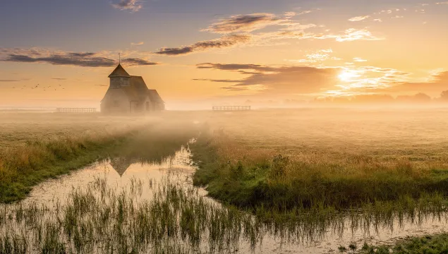 Romney Marsh church in mist