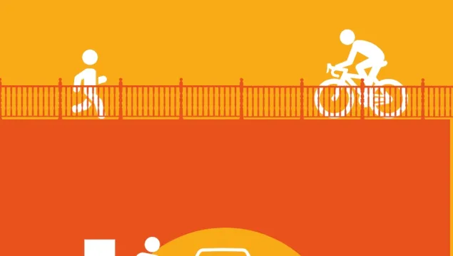 a runner and cyclist on a bridge over looking someone charging an electric car
