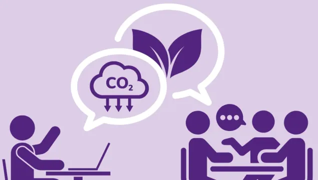A person on a laptop speaking about carbon reduction and a group of people at a table talking about nature