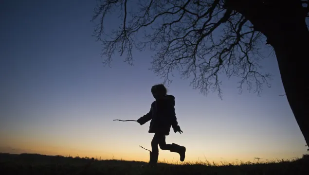 A child in coat and boots runs under a tree, silhouetted against the sunset