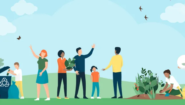 A cartoon drawing of multiple people outside, recyling, planting, doing things for nature.