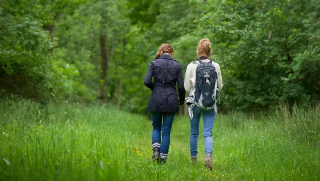 two people walking together in a grassy and wooded area with their backs facing the camera