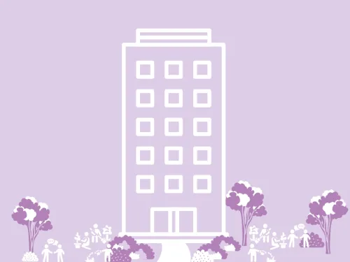 People working together for nature around a building