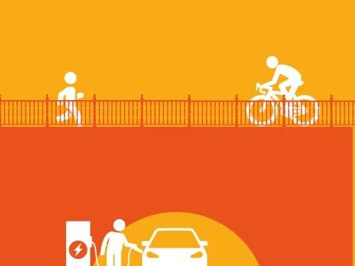 a runner and cyclist on a bridge over looking someone charging an electric car