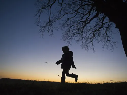 A child in coat and boots runs under a tree, silhouetted against the sunset