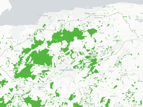 A dotted map of Canterbury and the surrounding areas.
