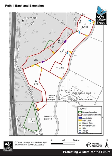 A map of the various grazing compartments at Polhill Bank and Extension