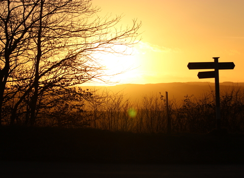 A landscape with a signpost, with a sunset in the background